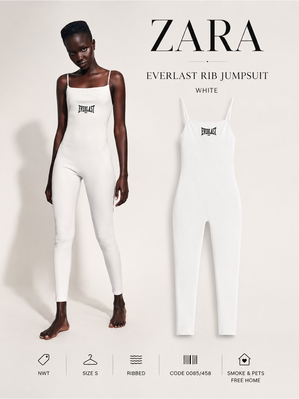 Zara White Everlast Rib Jumpsuit Size S NWT Logo Stretch Unitard